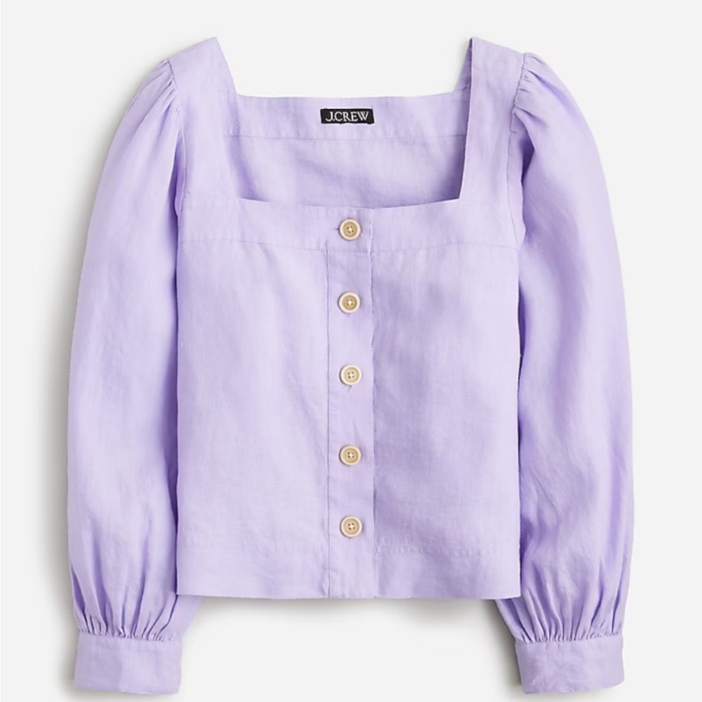 J Crew Squareneck button up top in linen, size medium, lavender